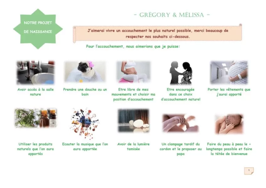 Exemple de projet de naissance visuel créé pour un accouchement à la maternité.